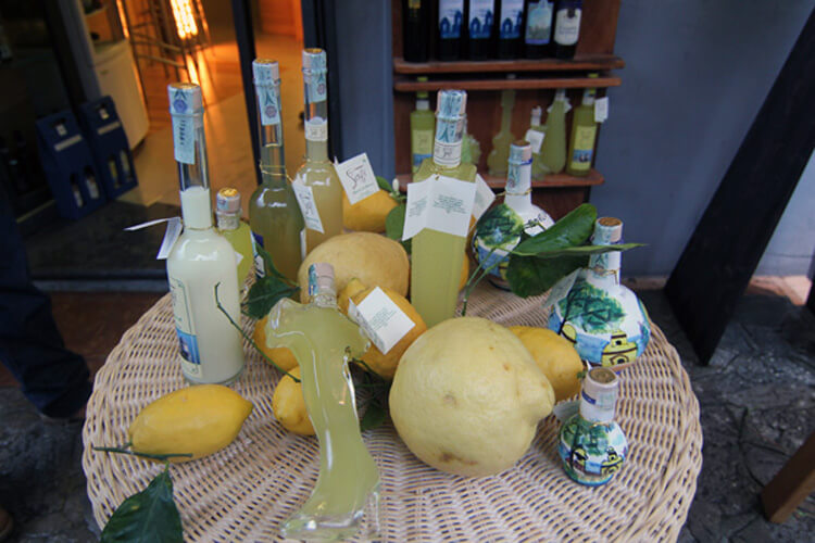 A table with the different limoncello and lliqueurs  at Cucina di Sofi in Ravello