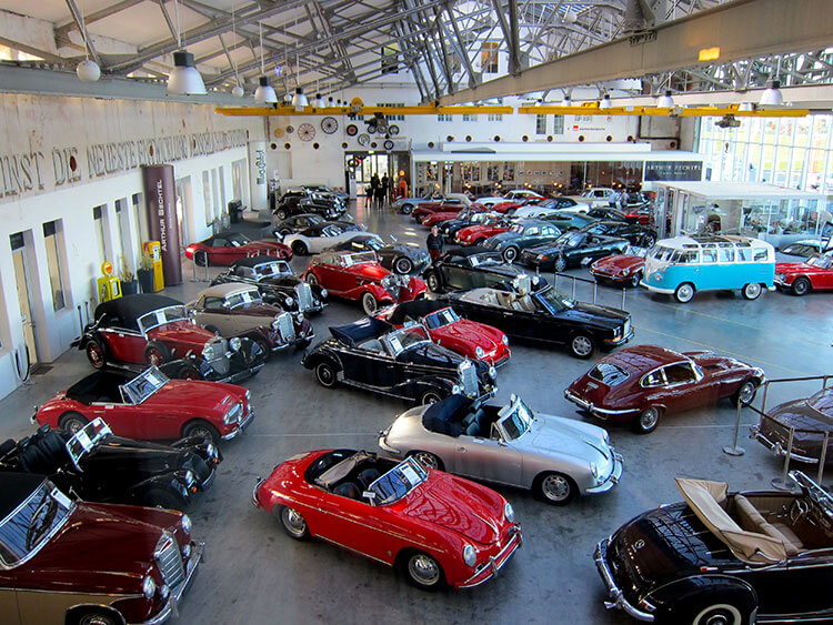 The car museum inside the V8 Hotel Motorworld Stuttgart as seen from one of the themed rooms