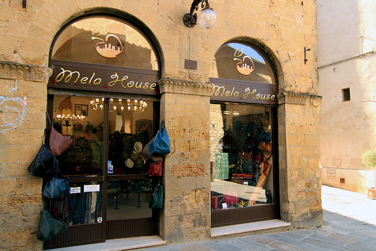 The Melo House leather shop exterior in San Gimignano