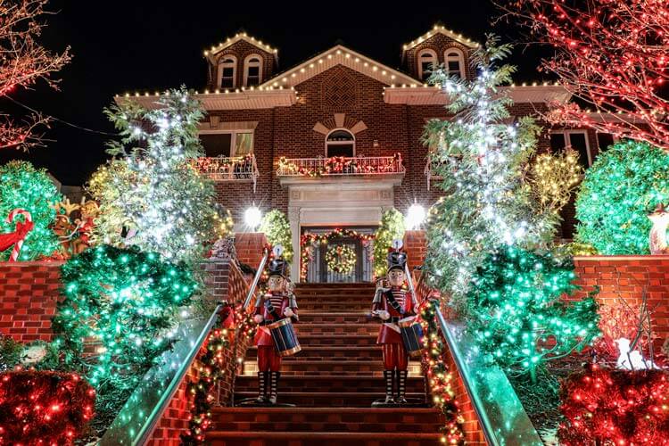 A house in Bay Ridge decorated with toy soldiers along the steps leading up to the front door