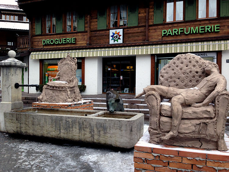 Art installation of couches on the Promenade in the village of Gstaad