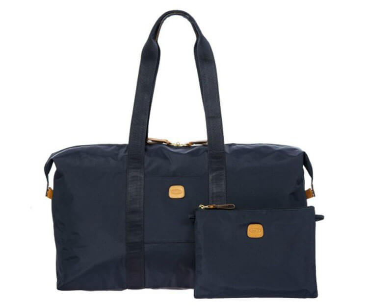 Bric's X-Bag 22" Folding Duffel in navy unfolded and showing pouch it folds down in to