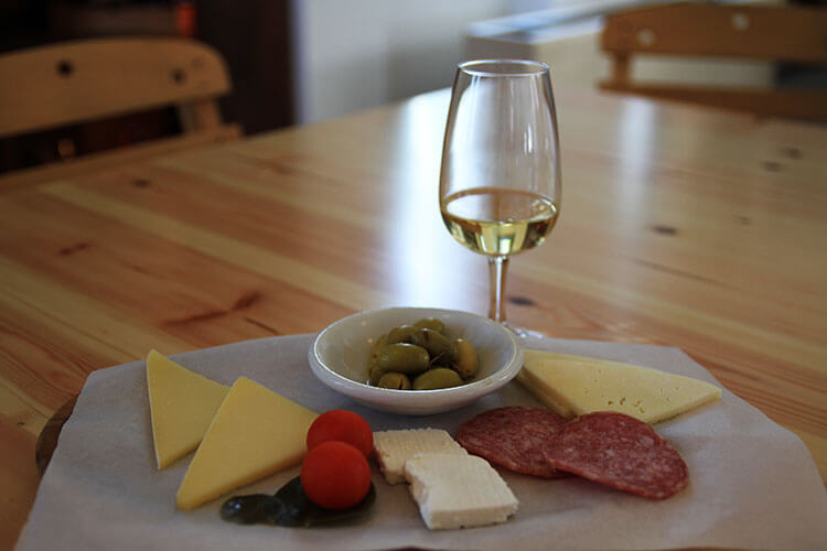 A cheese and charcuterie platter to taste with the wines at Boutari Winery in Santorini