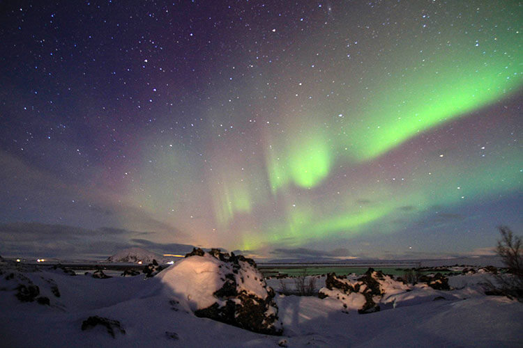 Northern Lights reflect on Lake Myvatn, Iceland