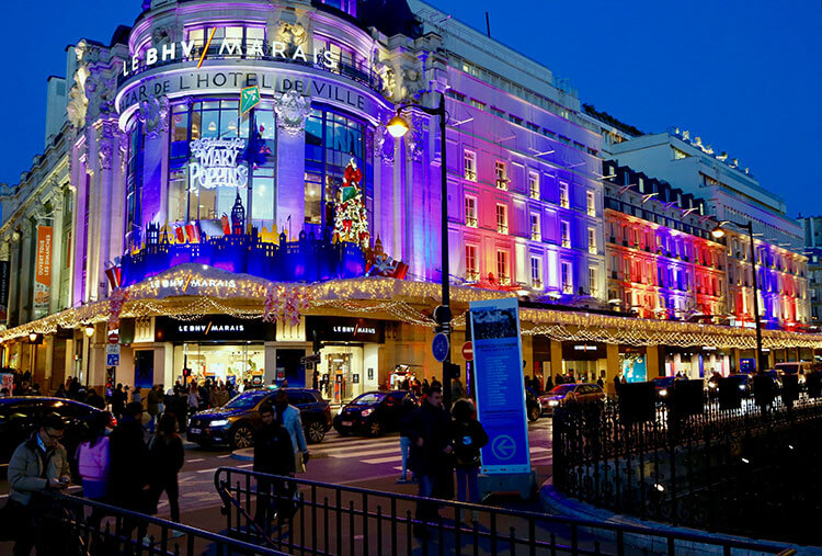 The exterior of Le BHV Marais in Paris decorated for Christmas with a dedication to Strasbourg, the Christmas Capital of France