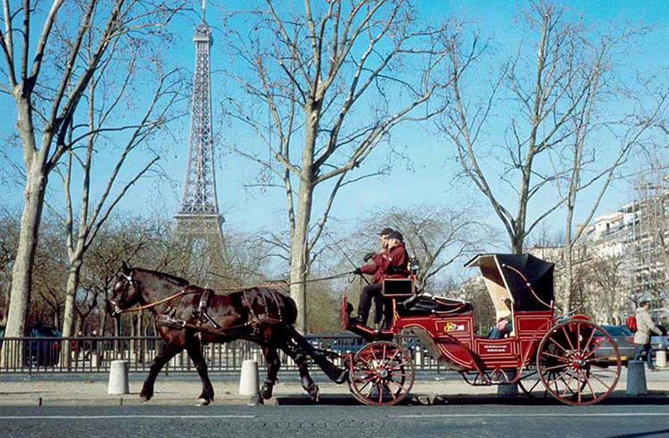 A horse drawn carriage passes by the Eiffel Tower in Paris, France