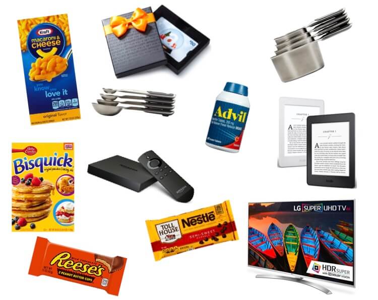 лучшие подарки для эмигрантов коллаж с американской едой, телевизором, Kindle, мерными чашками и ложками и конфетами