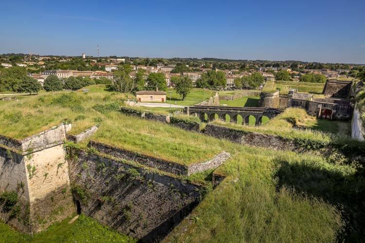 A view of the moat and draw bridges from the fortifications of the Citadelle de Blaye