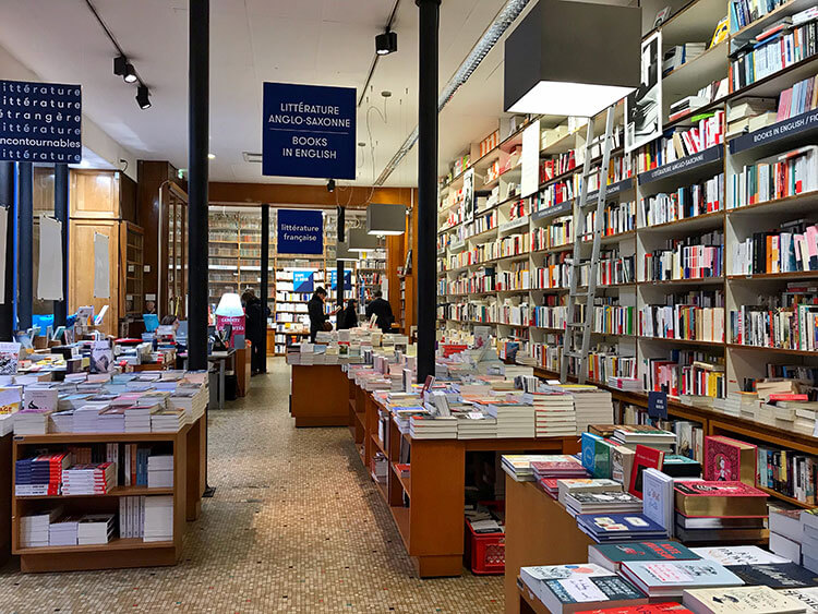 Inside the books in English department in the Librarie Mollat bookstore 