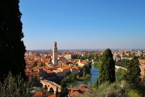Panorama of Verona with the orange rooftops and the curving Adige River