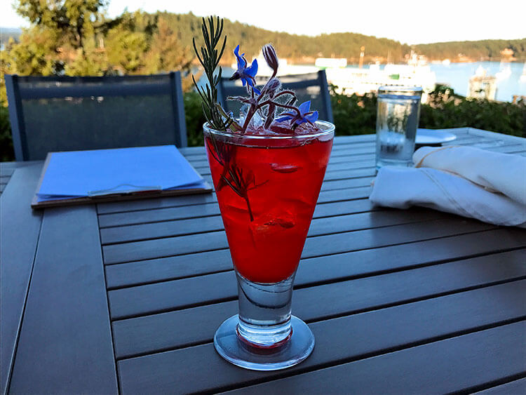 Craft cocktail with edible flowers at Friday Harbor House