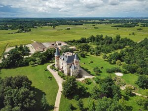 Drone aerial of the castle of Chateau de Rayne Vigneau surrounded by vineyards