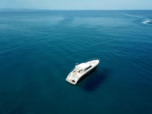 A drone shot of our yacht, Daddy Cool, anchored off of Formentera