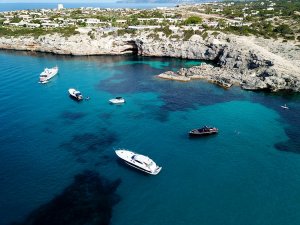 Yachts anchored off of Formentera shot with a drone