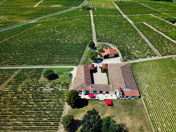 A drone aerial of Château Sigalas Rabaud surrounded by their vineyards