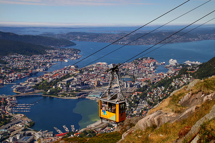 The yellow cable car of Ulriken with the islands of Bergen far below