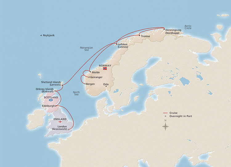 Into the Midnight Sun Viking Ocean Cruises itinerary map