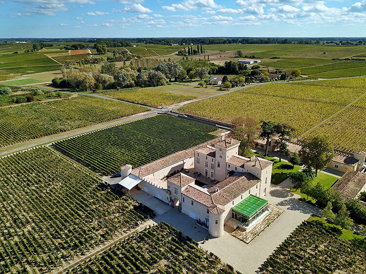 Aerial drone photo of the small castle and surrounding vineyards