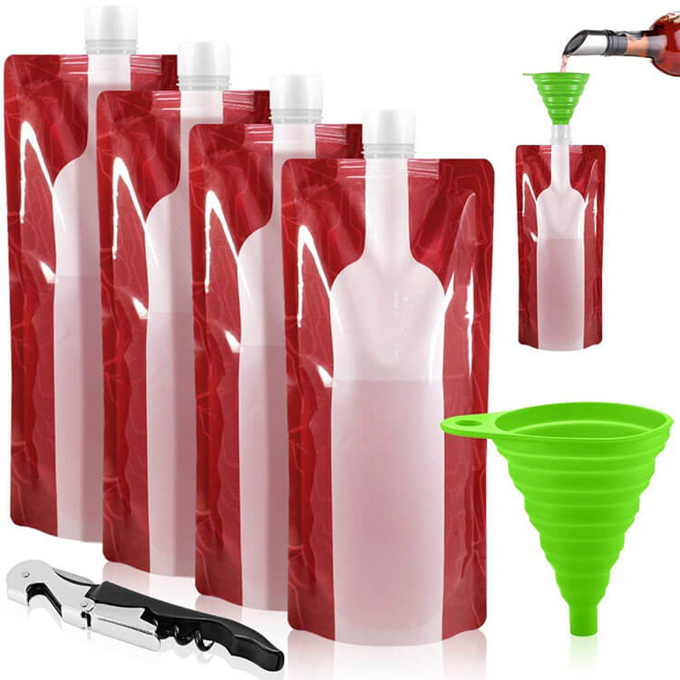 Foldable and reuseable wine bag with collapseable funnel incldued