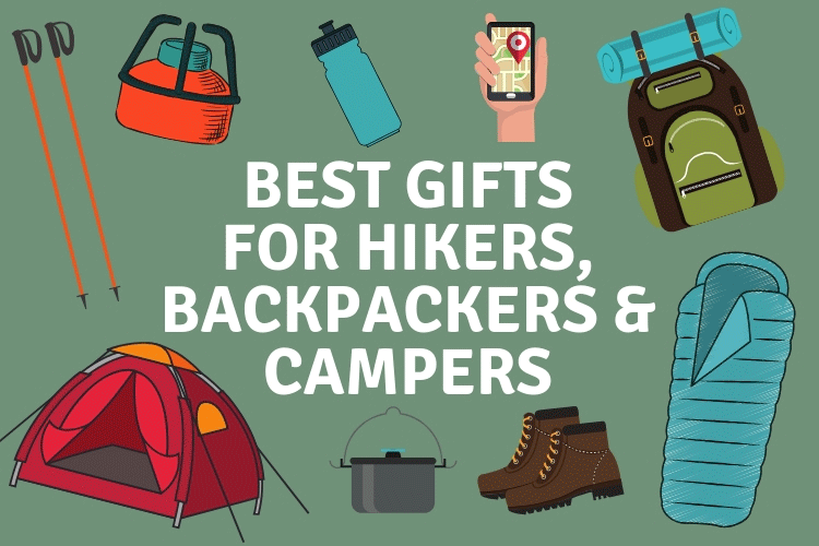 Best Gifts for Hikers collage with cartoons of outdoor gear