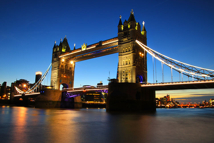 Tower Bridge at blue hour in London, England
