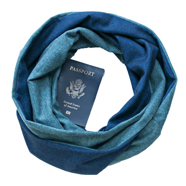 Speakeasy Travel Supply flannel scarf with hidden pocket in ocean two-one color