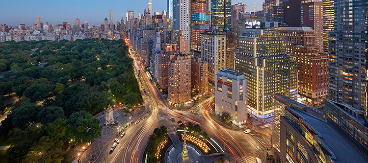 The view over Columbus Circle from the 35th floor lounge and bar The Aviary NYC at the Mandarin Oriental NYC