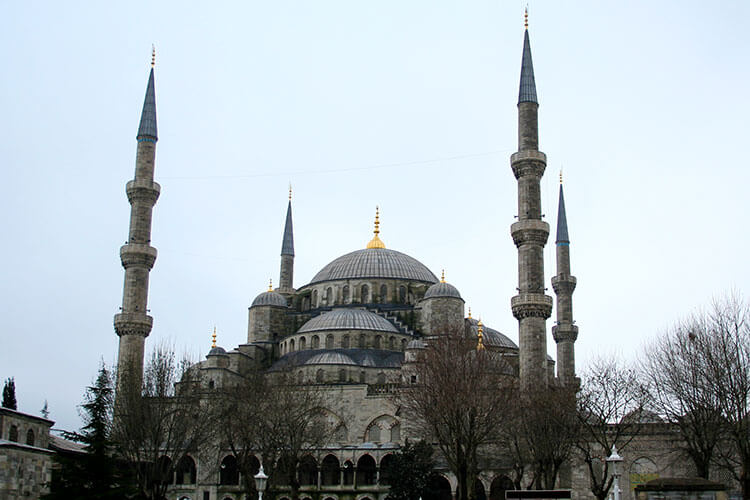 The domes and spires of the Blue Mosque in Istanbul