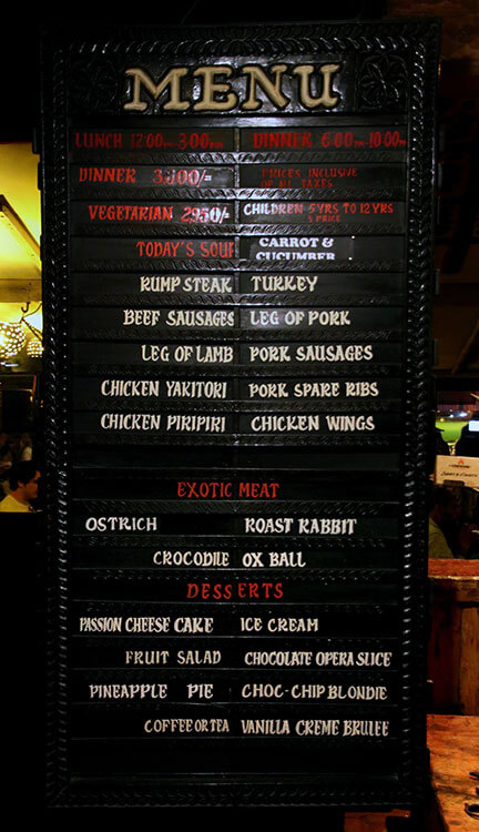 The menu at Carnivore Restaurant in Nairobi