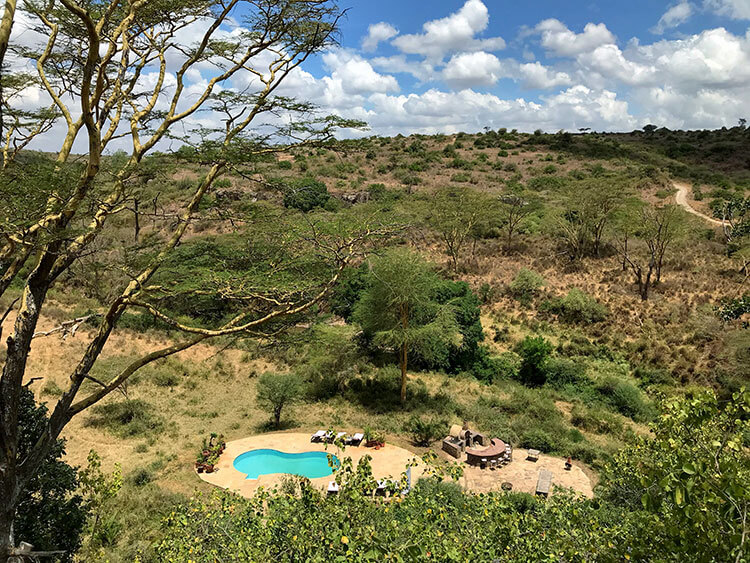 The swimming pool with the forested hillside beyond as seen from our cottage at The Emakoko