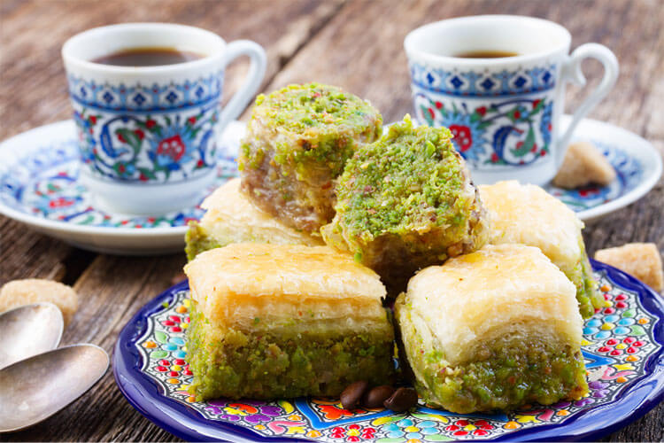 Turkish pistachio baklava and Turkish coffee 