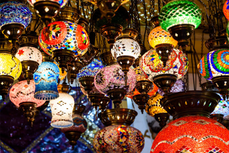 More than a dozen colorful Turkish lanterns hang in a shop in the Grand Bazaar in Istanbul