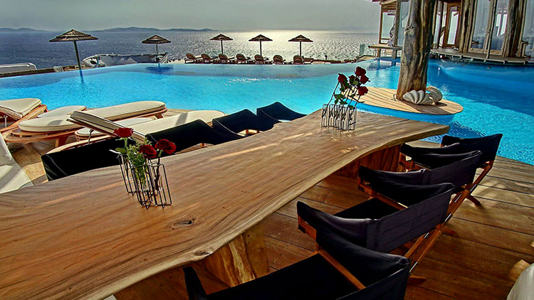 The infinity pool and outside terrace at Villa Maristella in Mykonos