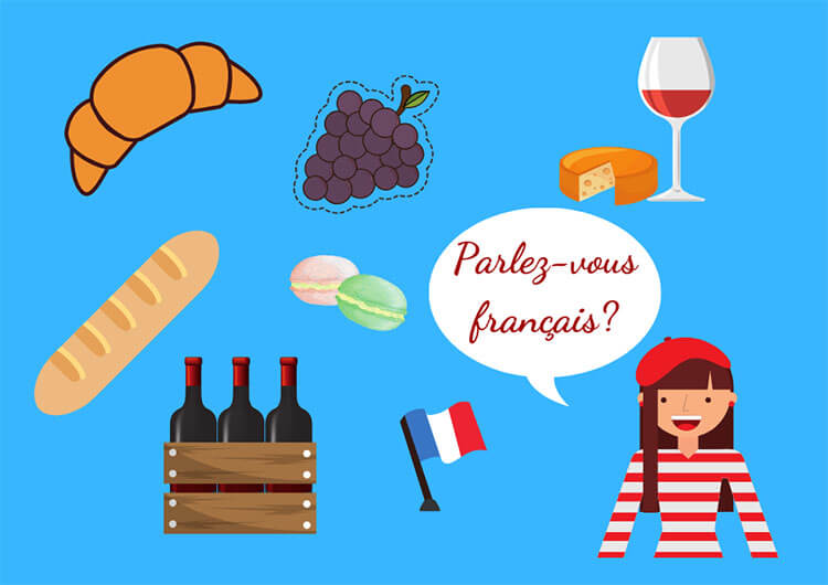 Graphic with cartoon French things like a croissant, macarons, wine, a French flag and cheese