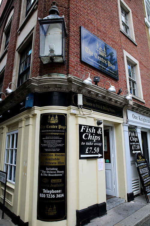 The exterior of the Centre Page pub on Knightrider Street in London