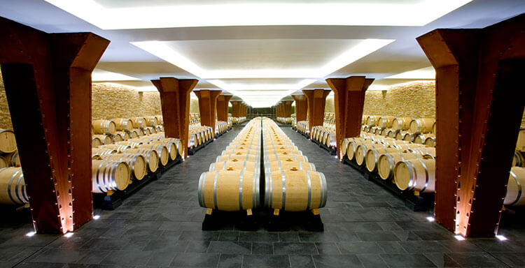 The large barrel room with rows of oak barrels for wine to age in at Vivanco
