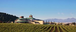 The modern and minimalistic Vivanco winery surrounded by vineyards with the mountains in the distance in La Rioja, Spain