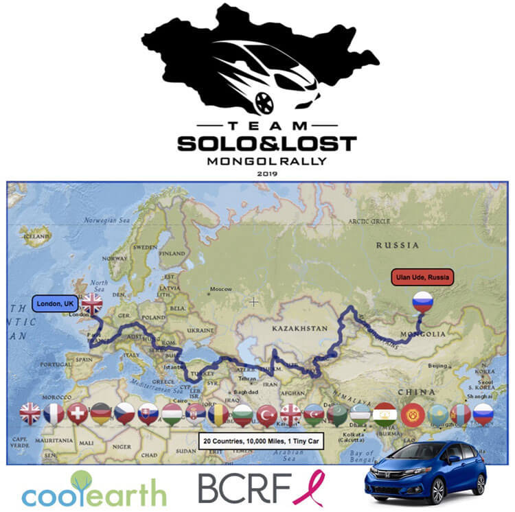 A map showing Tim's Mongol Rally route from London to Mongolia