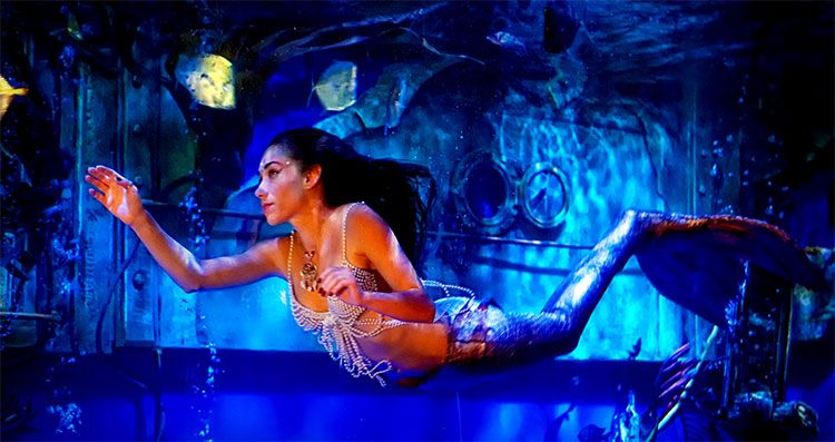 A woman in a mermaid costume swims in the aquarium over the bar at Dive Bar in Sacramento