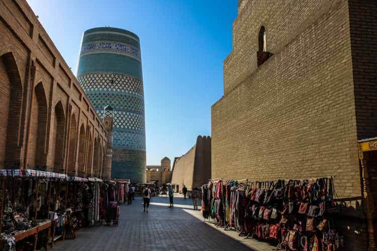 Silks and other craft goods for sale in Khiva, Uzbekistan old town.