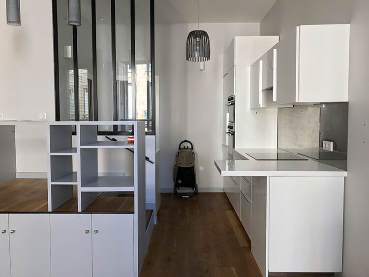 Our kitchen and a built-in office area in our new apartment in Bordeaux, France