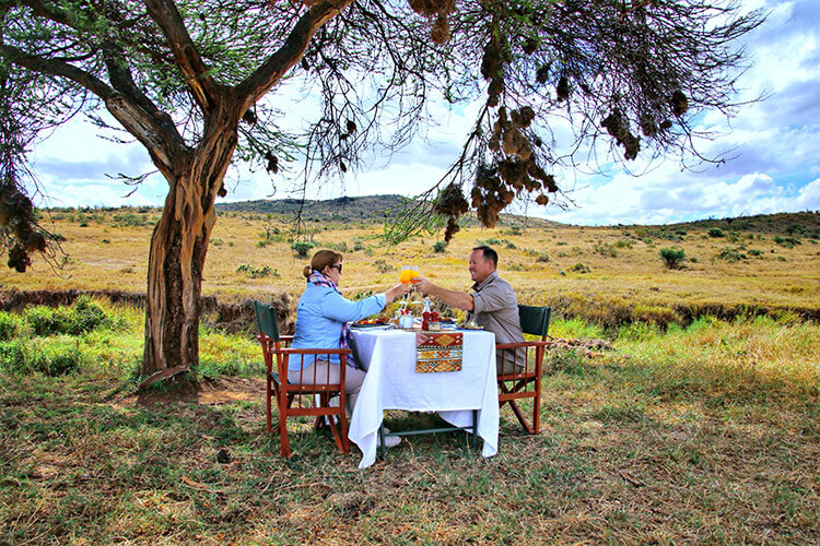 Jennifer and Tim toast with mimosas under a tree at a table set up for a bush breakfast in the Loisaba Conservancy in Kenya