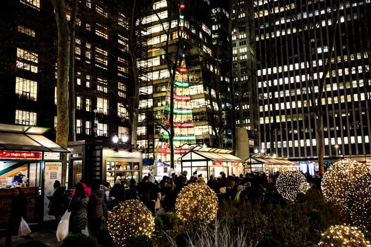 The Winter Village at Bryant Park with NYC skyscrapers towering behind at dark