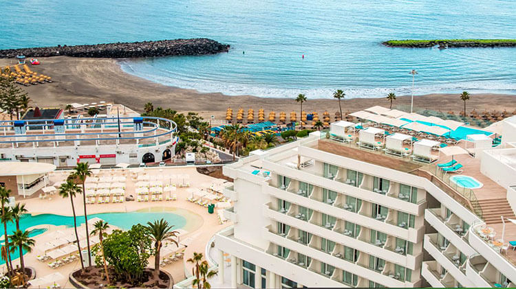 An aerial of the Iberostar Sabila on the beach in Tenerife with the various pools visible