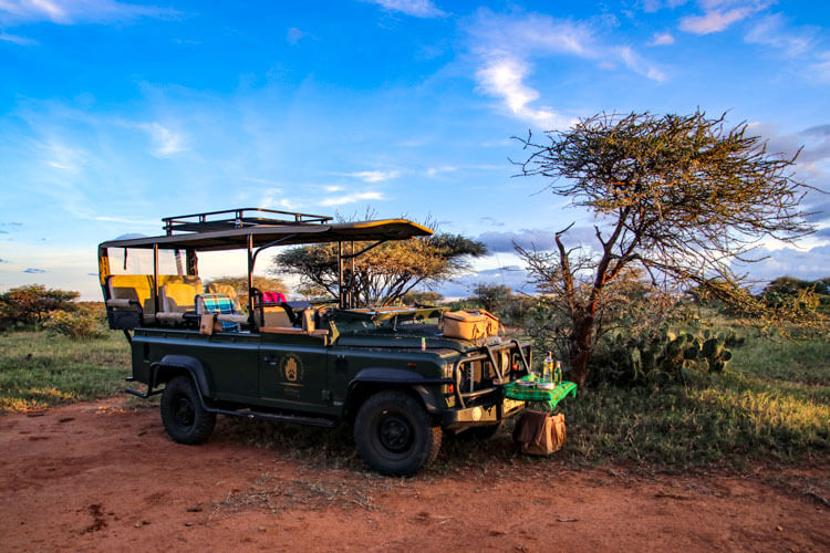 The Landrover set up with snacks and gin and tonics on the hood for sundowners in the bush in Loisaba Conservancy