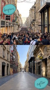 A split before and after. Before is a crowded Rue Sainte-Catherine with a sea of people in January and after a lone person walks way down Rue Sainte-Catherine in Bordeaux, France during the Coronavirus lockdown