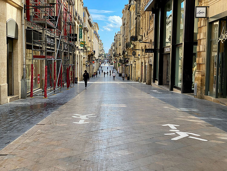 Rue Sainte-Catherine is painted with traffic flow directions to help pedestrian traffic flow for the deconfinement in Bordeaux, France