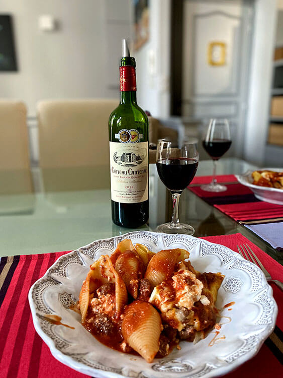 Sausage & ricotta stuffed baked shells paired with Château Cantenac Selection Madame 2016