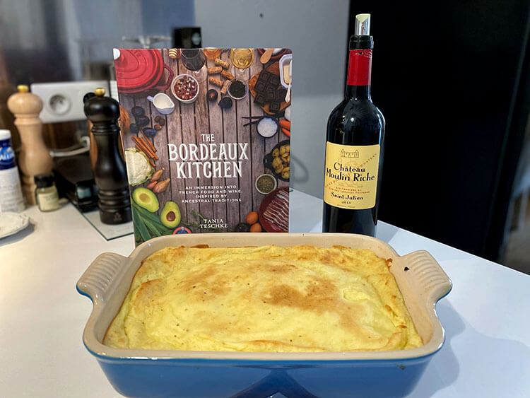 Beef Parmentier with a bottle of Château Moulin Riche and The Bordeaux Kitchen Cookbook