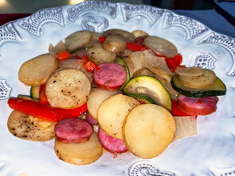 Sheet Pan Dinner with Kielbasa, potatoes, peppers, onion and zucchini